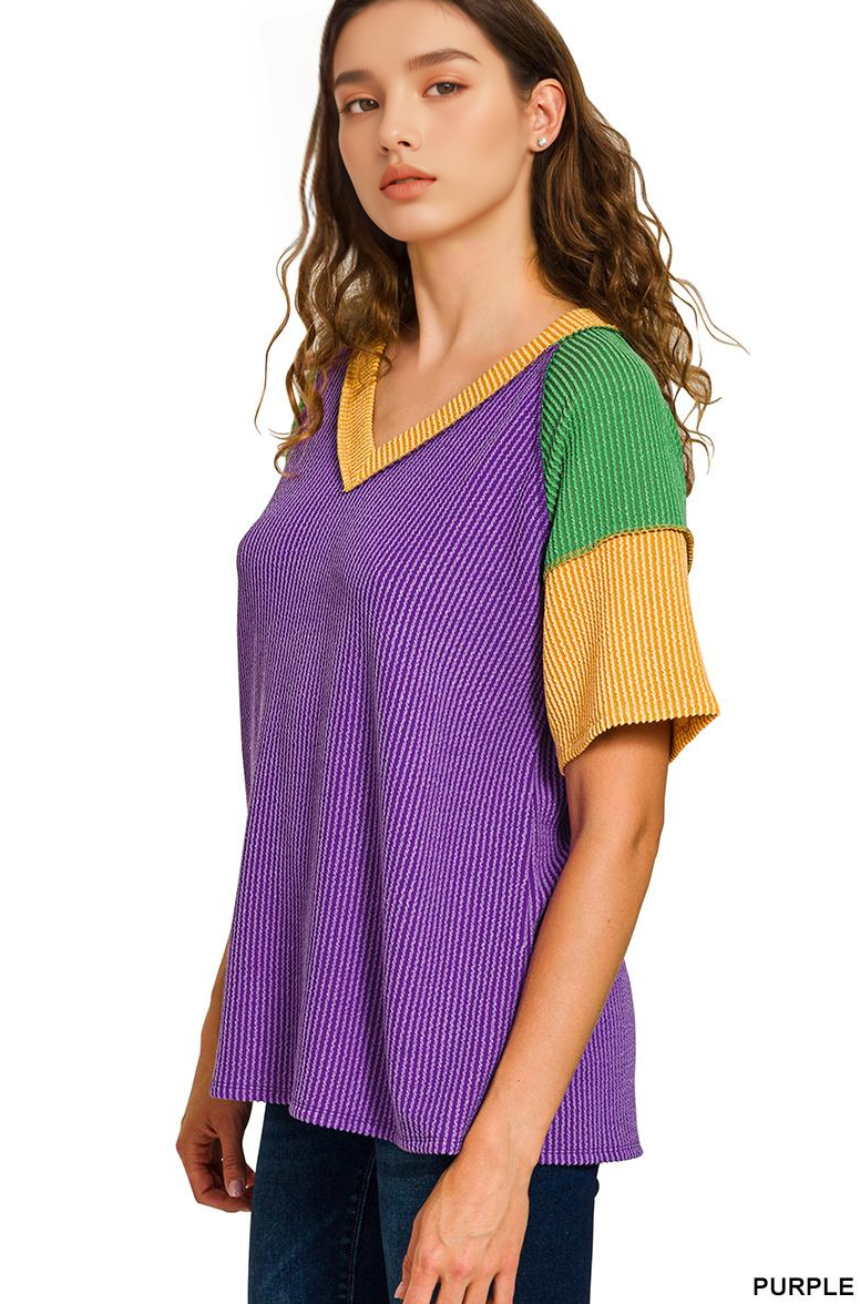 ,...Mardi Gras Tri-color Contrast Trim Top SI-28853