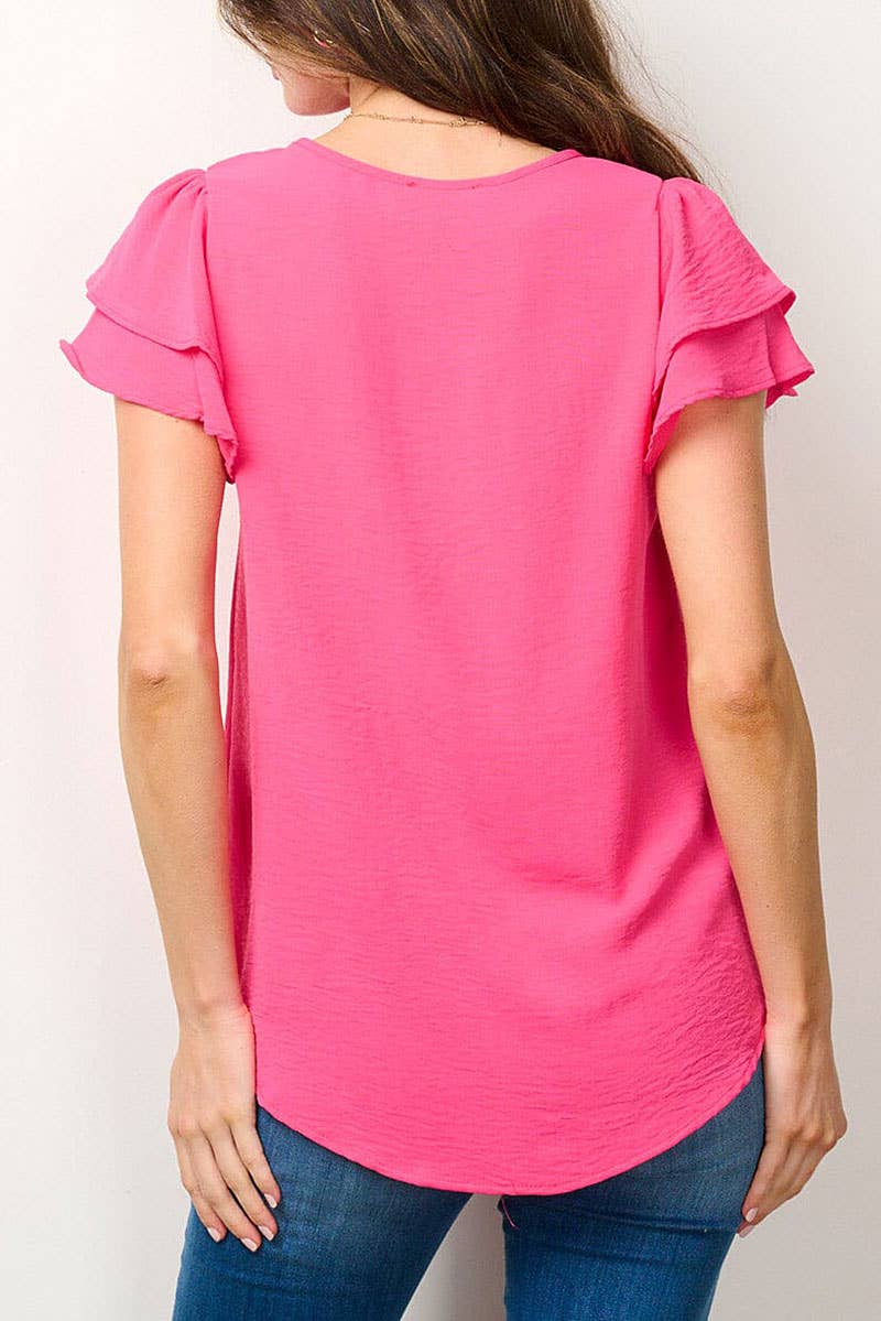 SHORT RUFFLE SLEEVE SOLID BLOUSE TOP