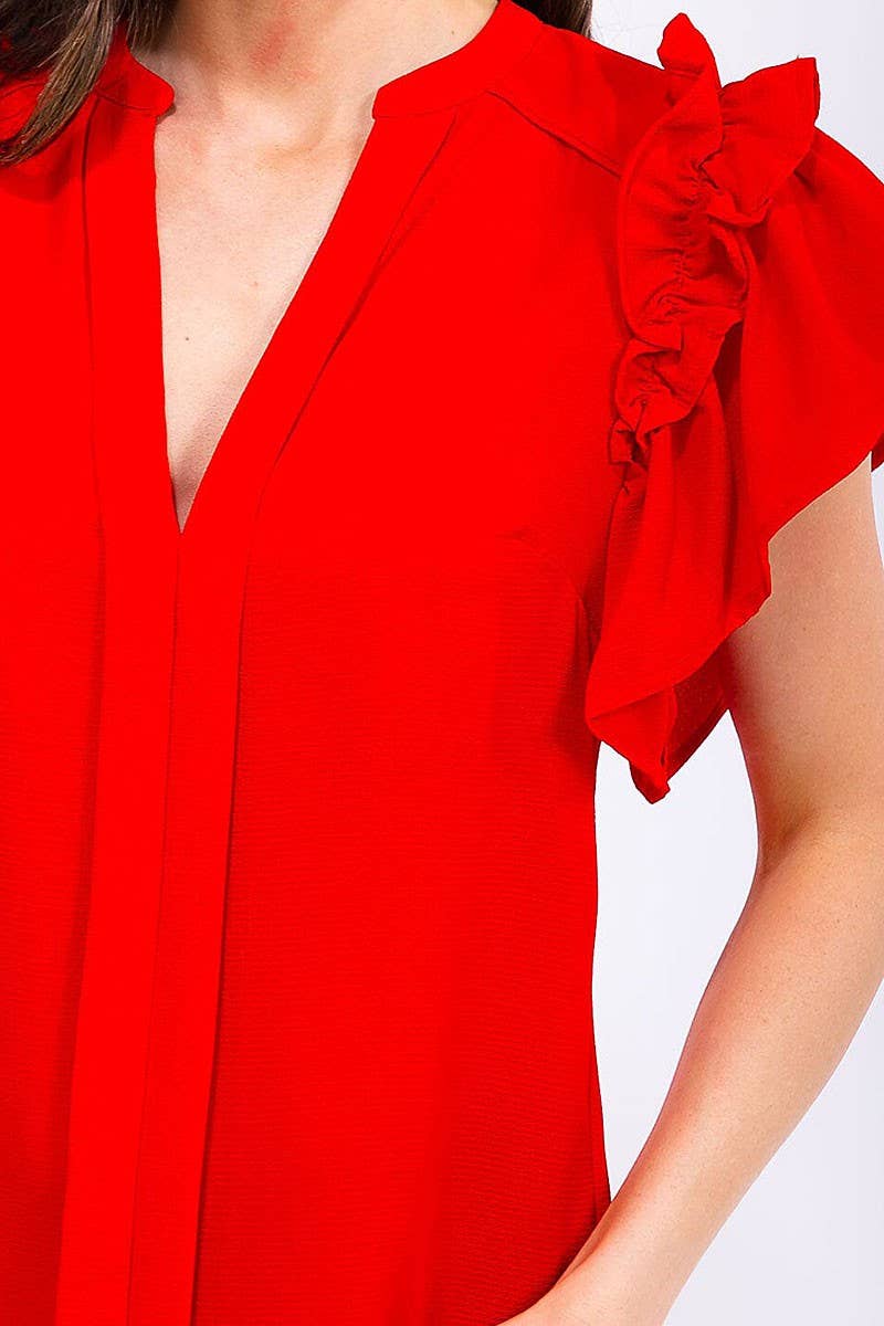 SHORT RUFFLE SLEEVE V-NECK LOOSE FIT BLOUSE