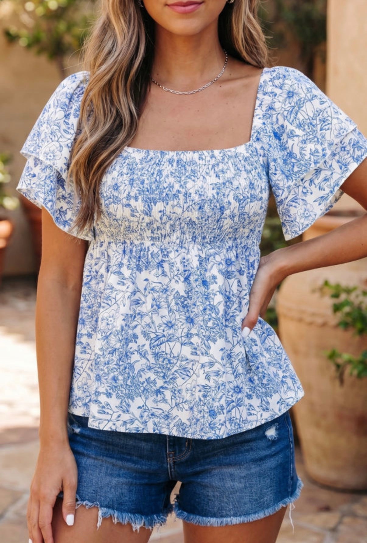 Square Neck Smocked Babydoll Blouse