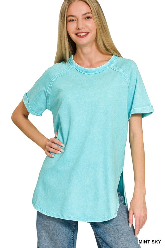 Zenana French Terry Acid Wash Cuffed Sleeve Pullover