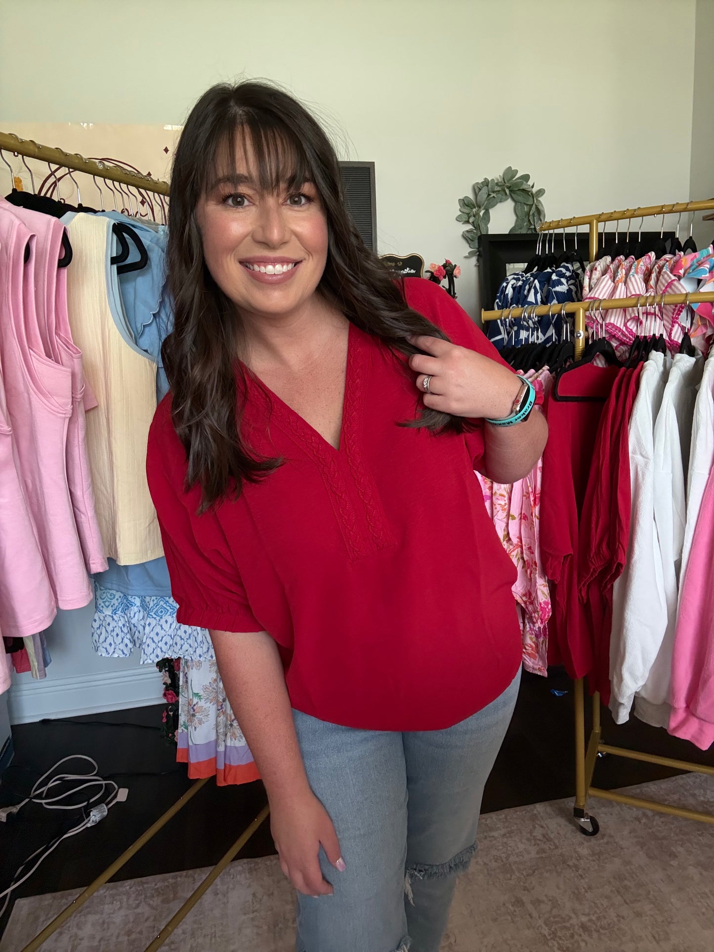 Red V-Neck Blouse