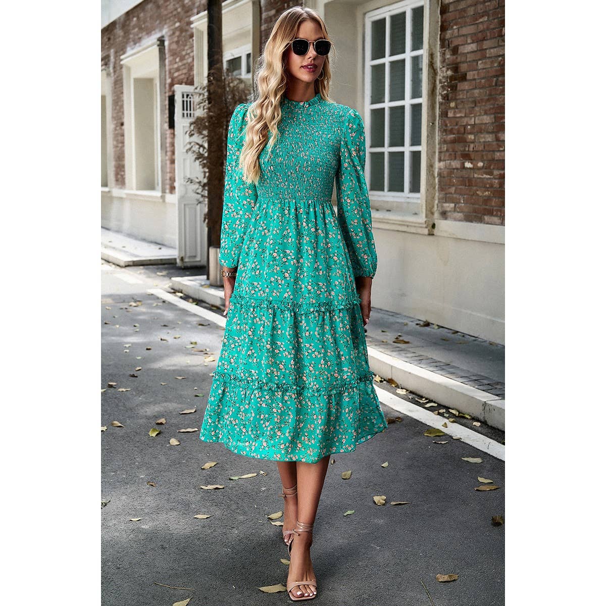 Ashley Smocked Lantern Sleeve Midi Dress