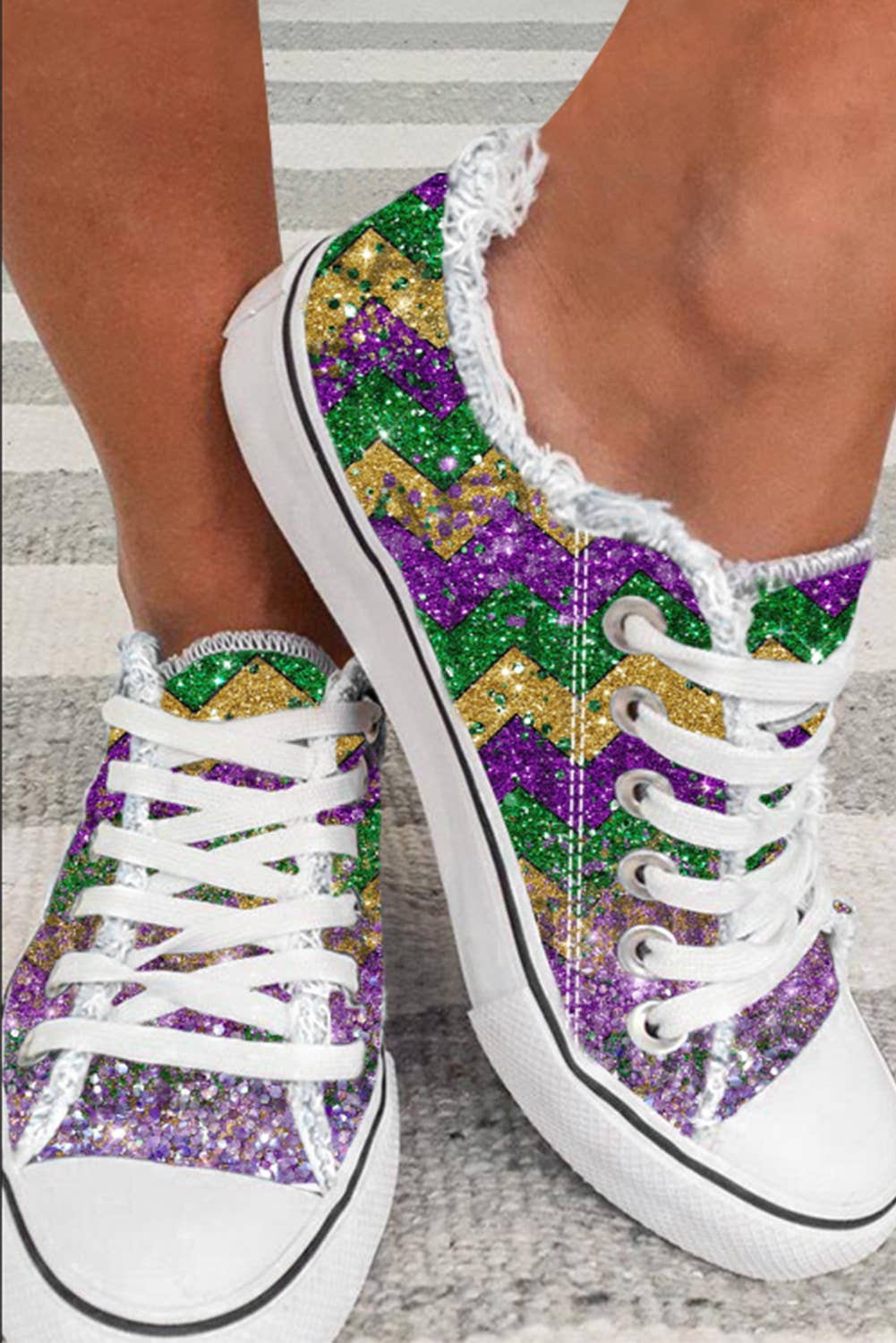 Mardi Gras Shiny Chevron Striped Lace-up Flat Canvas Shoes
