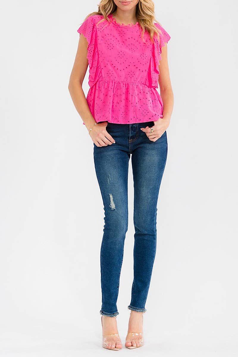 SOLID EYELET RUFFLE SLEEVE TIERED BLOUSE TOP