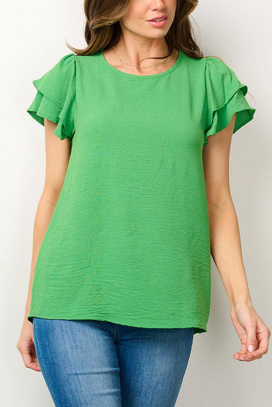 SHORT RUFFLE SLEEVE SOLID BLOUSE TOP