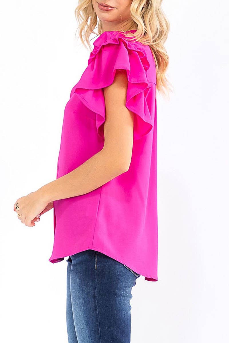 SHORT RUFFLE SLEEVE V-NECK LOOSE FIT BLOUSE