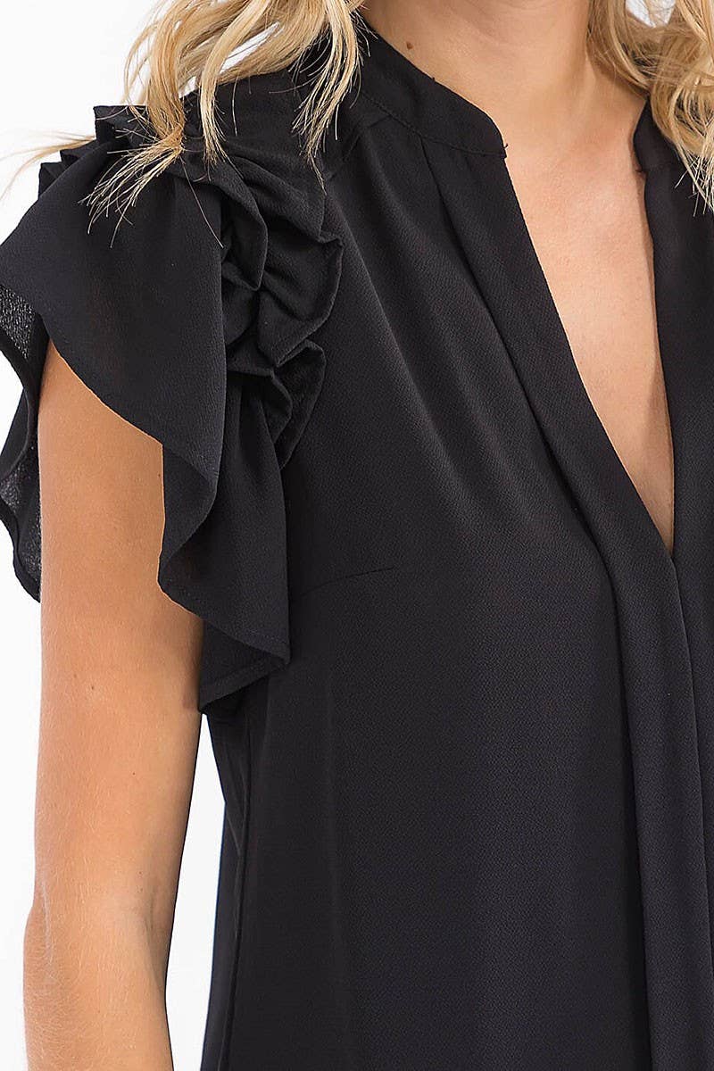 SHORT RUFFLE SLEEVE V-NECK LOOSE FIT BLOUSE