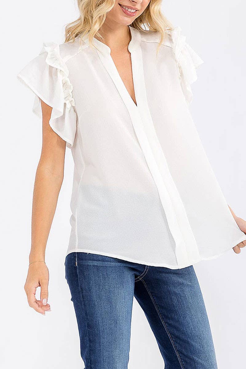 SHORT RUFFLE SLEEVE V-NECK LOOSE FIT BLOUSE