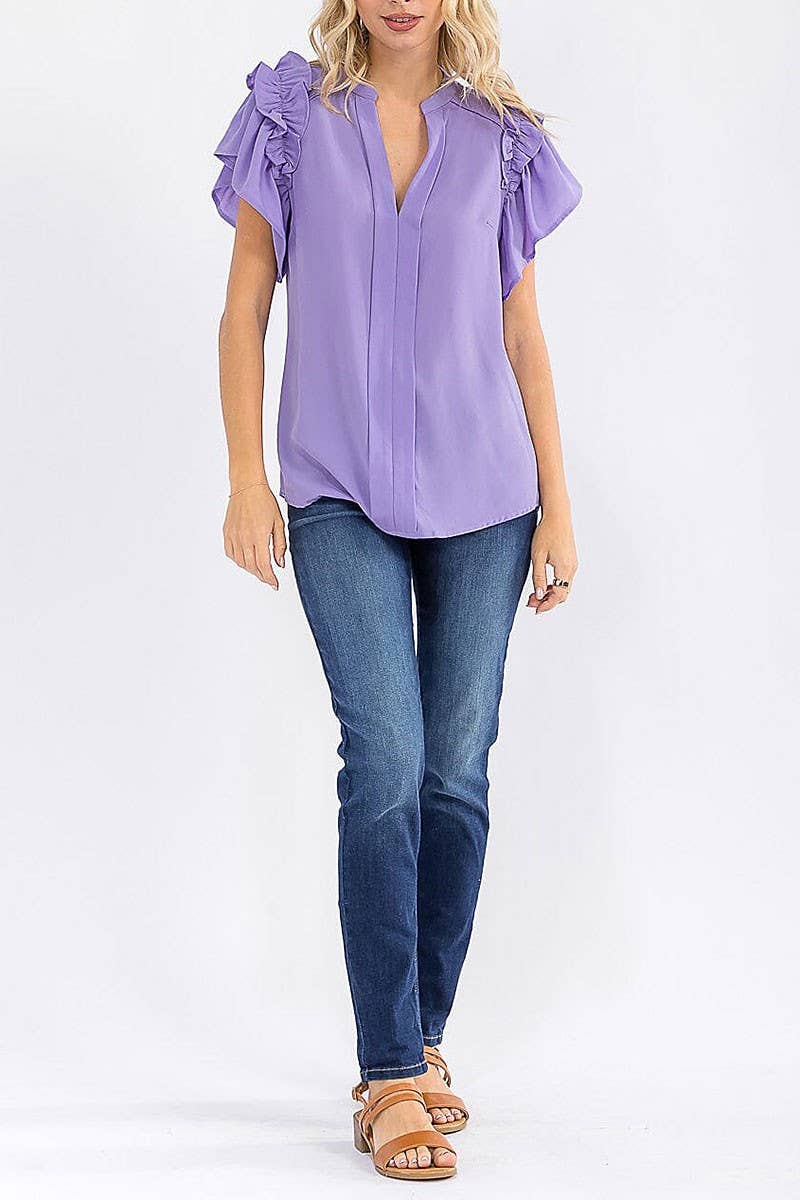 SHORT RUFFLE SLEEVE V-NECK LOOSE FIT BLOUSE