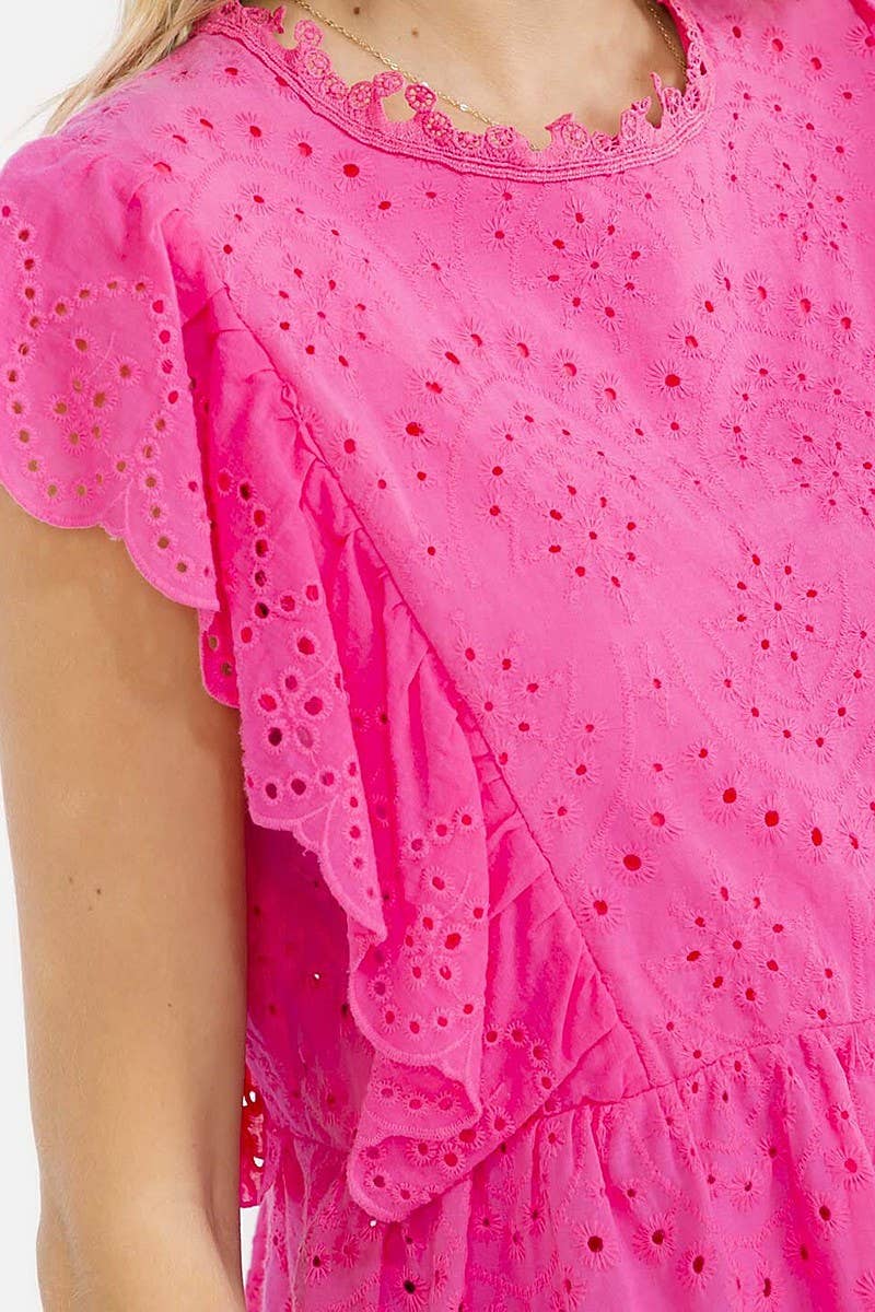 SOLID EYELET RUFFLE SLEEVE TIERED BLOUSE TOP