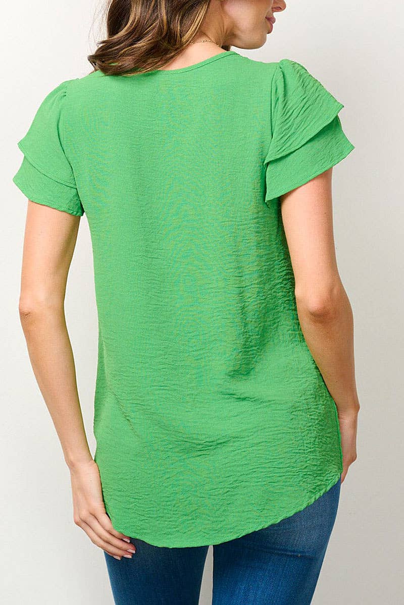 SHORT RUFFLE SLEEVE SOLID BLOUSE TOP