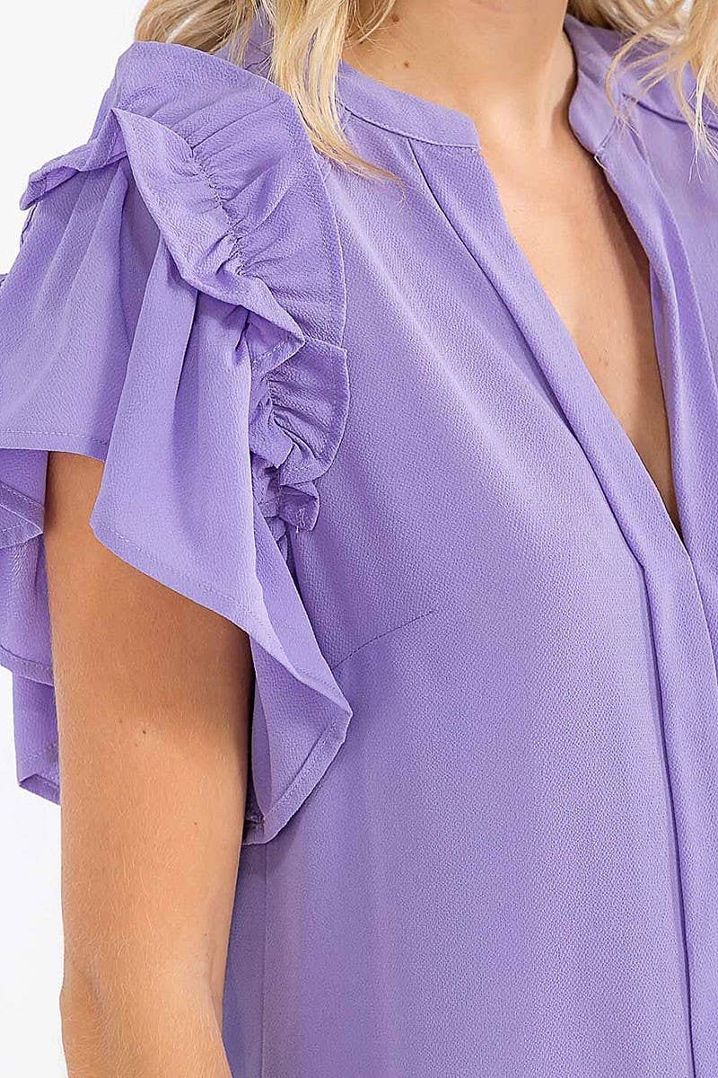 SHORT RUFFLE SLEEVE V-NECK LOOSE FIT BLOUSE