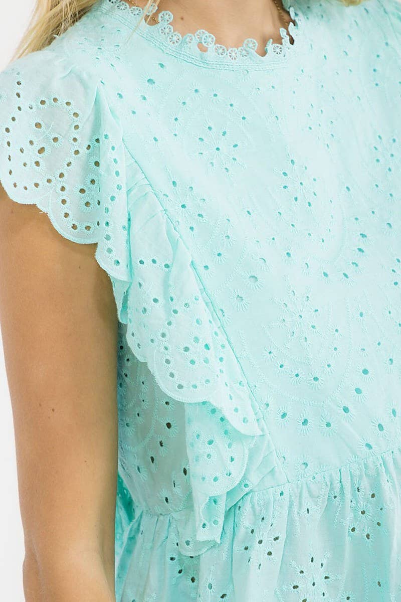 SOLID EYELET RUFFLE SLEEVE TIERED BLOUSE TOP