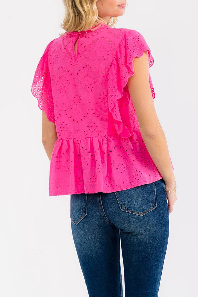 SOLID EYELET RUFFLE SLEEVE TIERED BLOUSE TOP