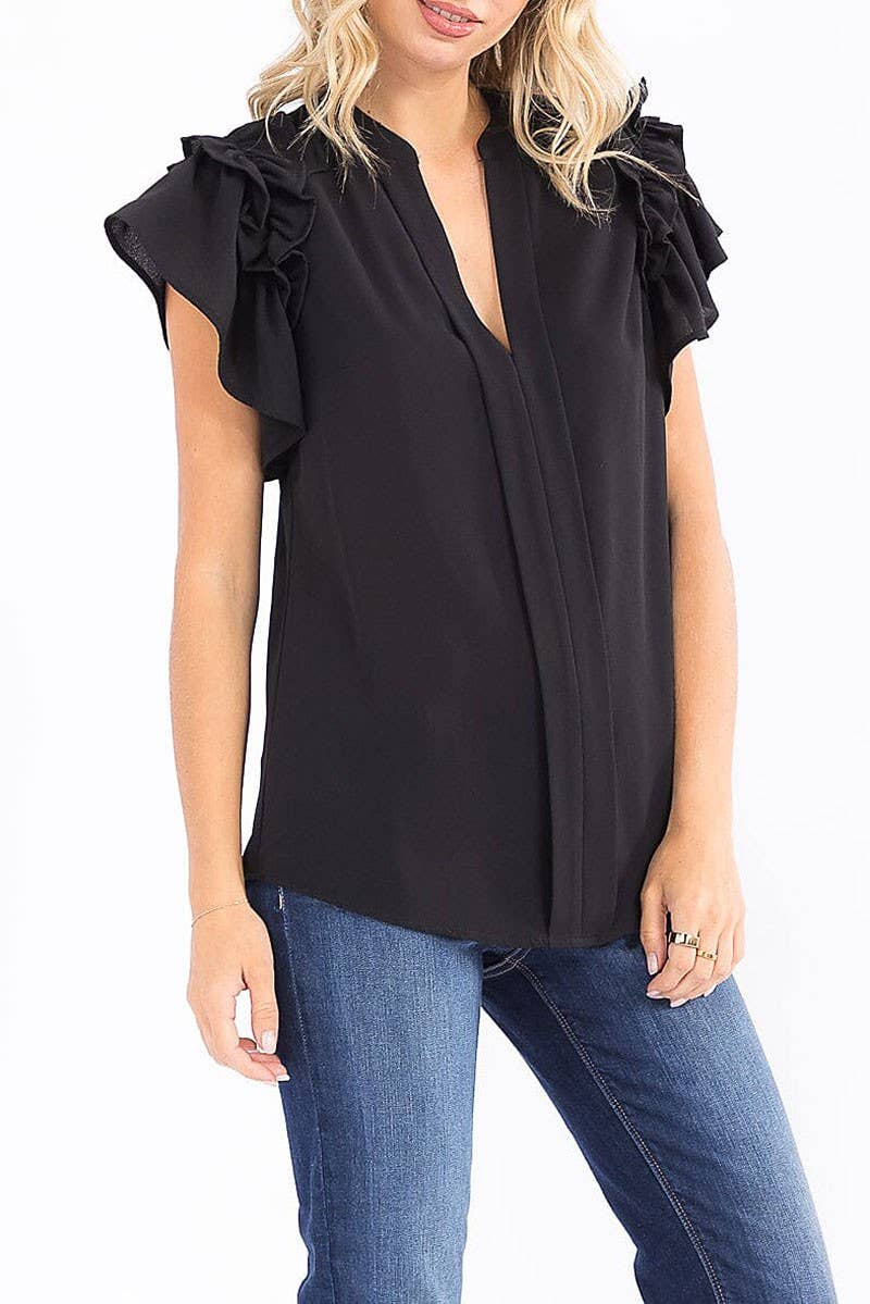 SHORT RUFFLE SLEEVE V-NECK LOOSE FIT BLOUSE