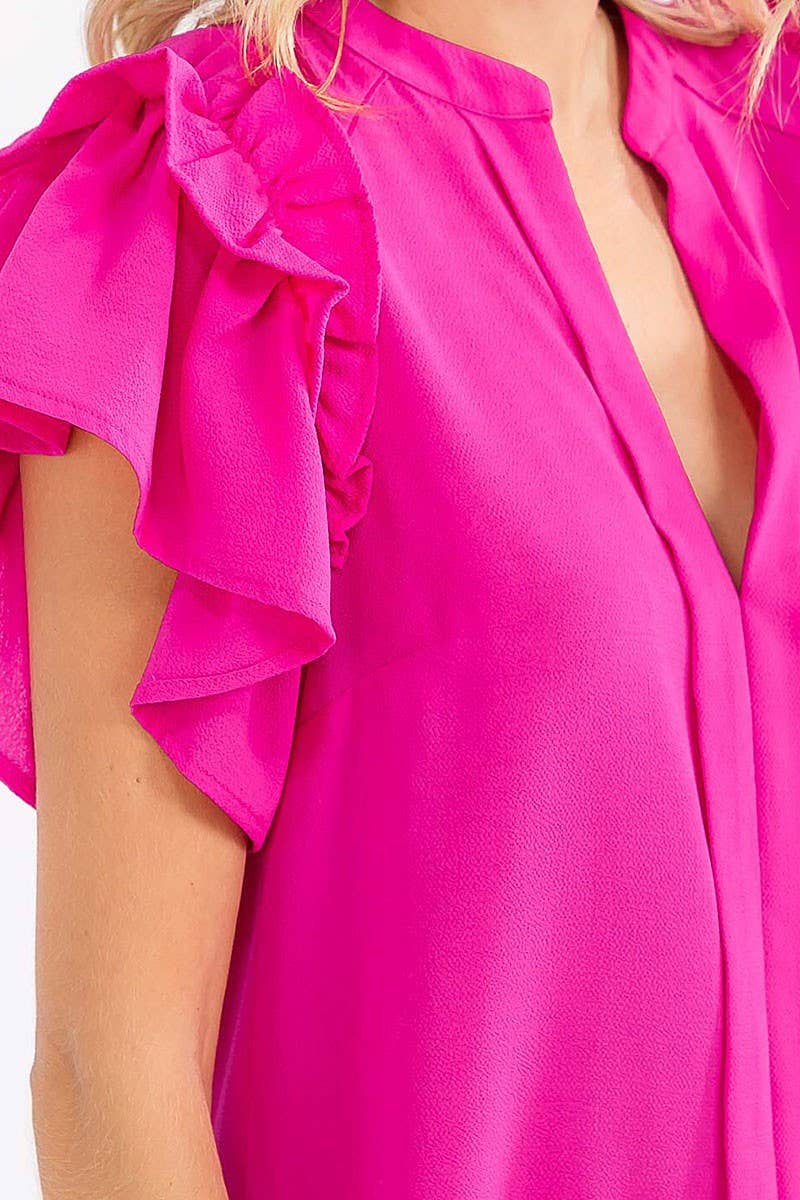 SHORT RUFFLE SLEEVE V-NECK LOOSE FIT BLOUSE