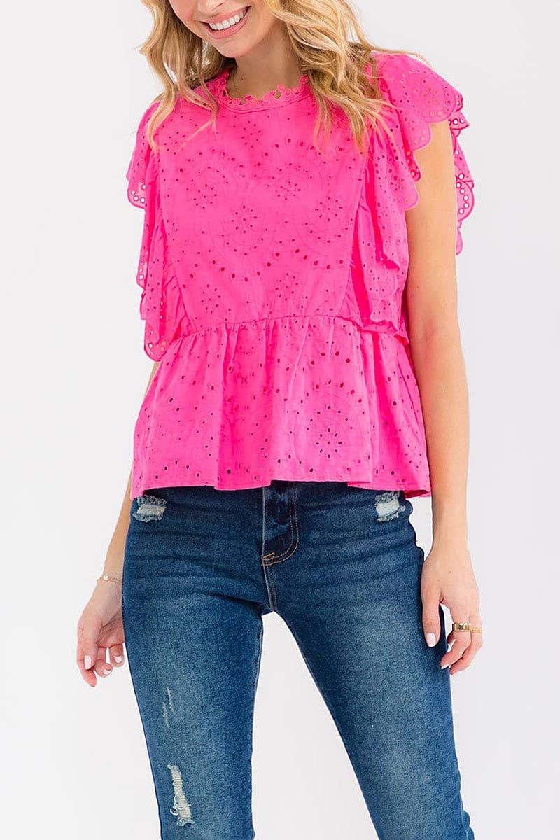SOLID EYELET RUFFLE SLEEVE TIERED BLOUSE TOP