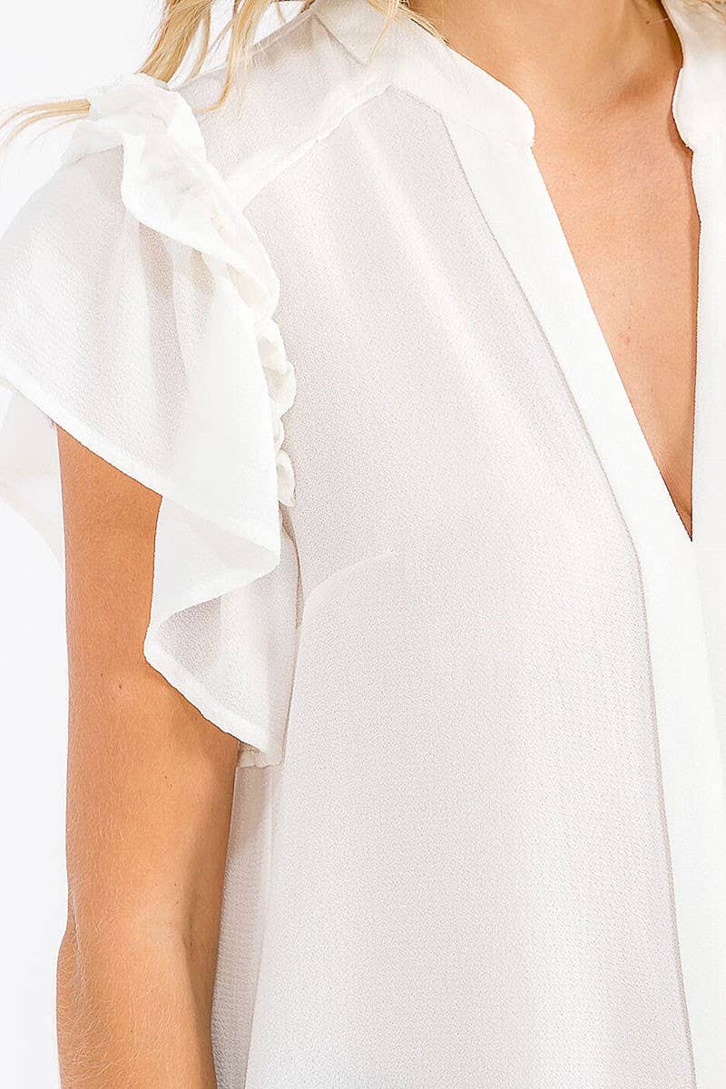 SHORT RUFFLE SLEEVE V-NECK LOOSE FIT BLOUSE