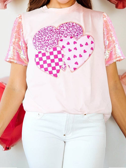 Hearts Printed Sequin Trim Contrast Sleeve Patchwork Tee