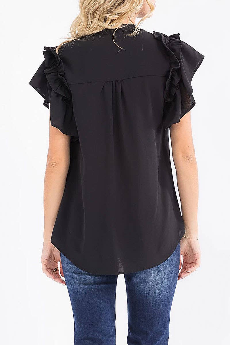 SHORT RUFFLE SLEEVE V-NECK LOOSE FIT BLOUSE