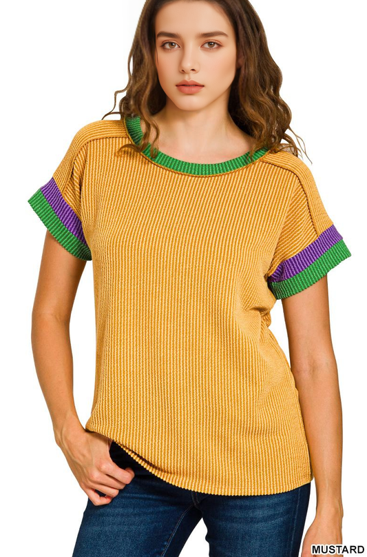 ,...Mardi Gras Tri-color Contrast Trim Top SI-28853