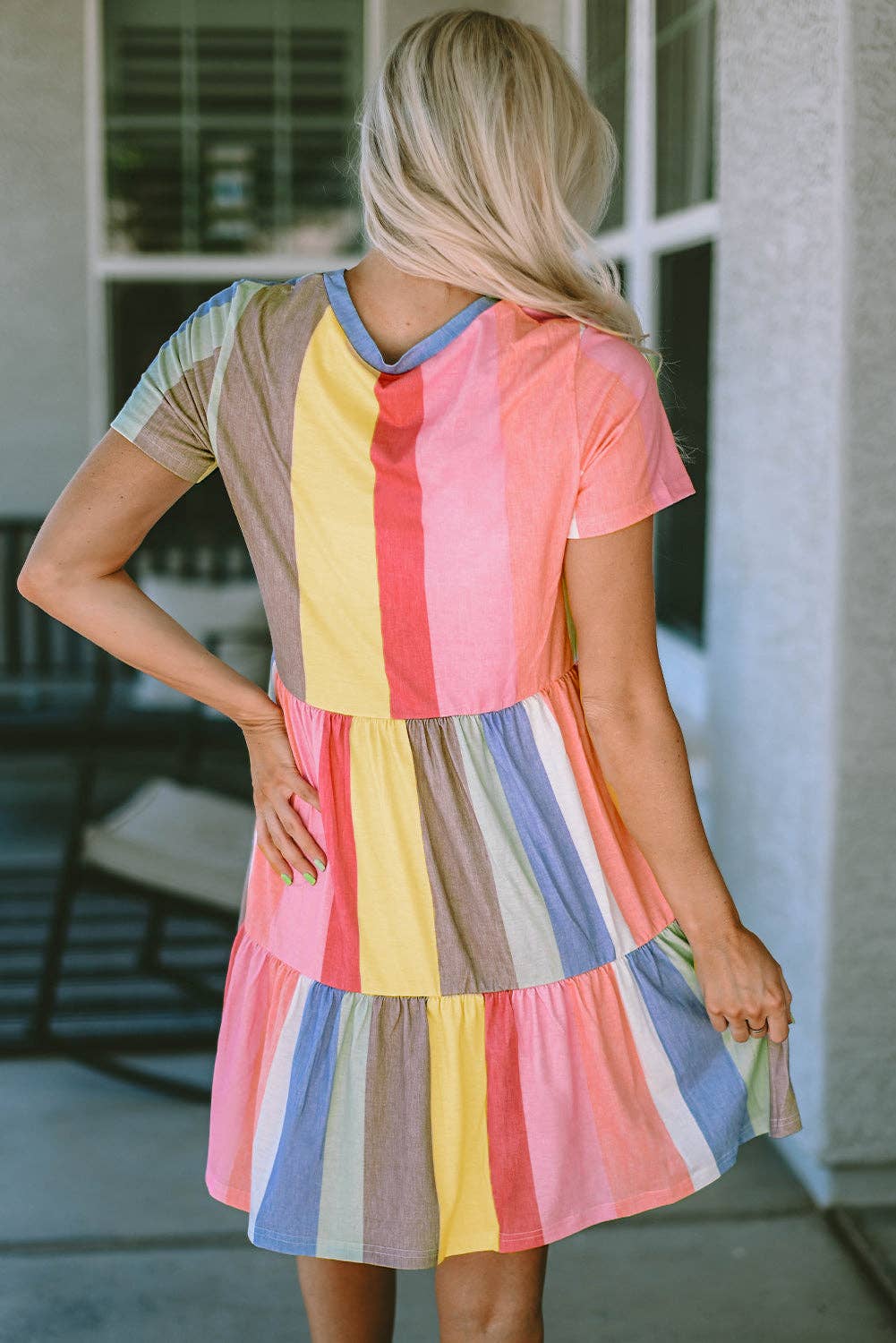 Jean Multicolor Striped Color Block Tiered Mini Dress