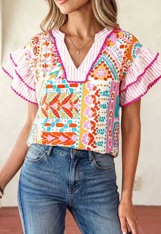 Seersucker Ruffle V Neck Blouse