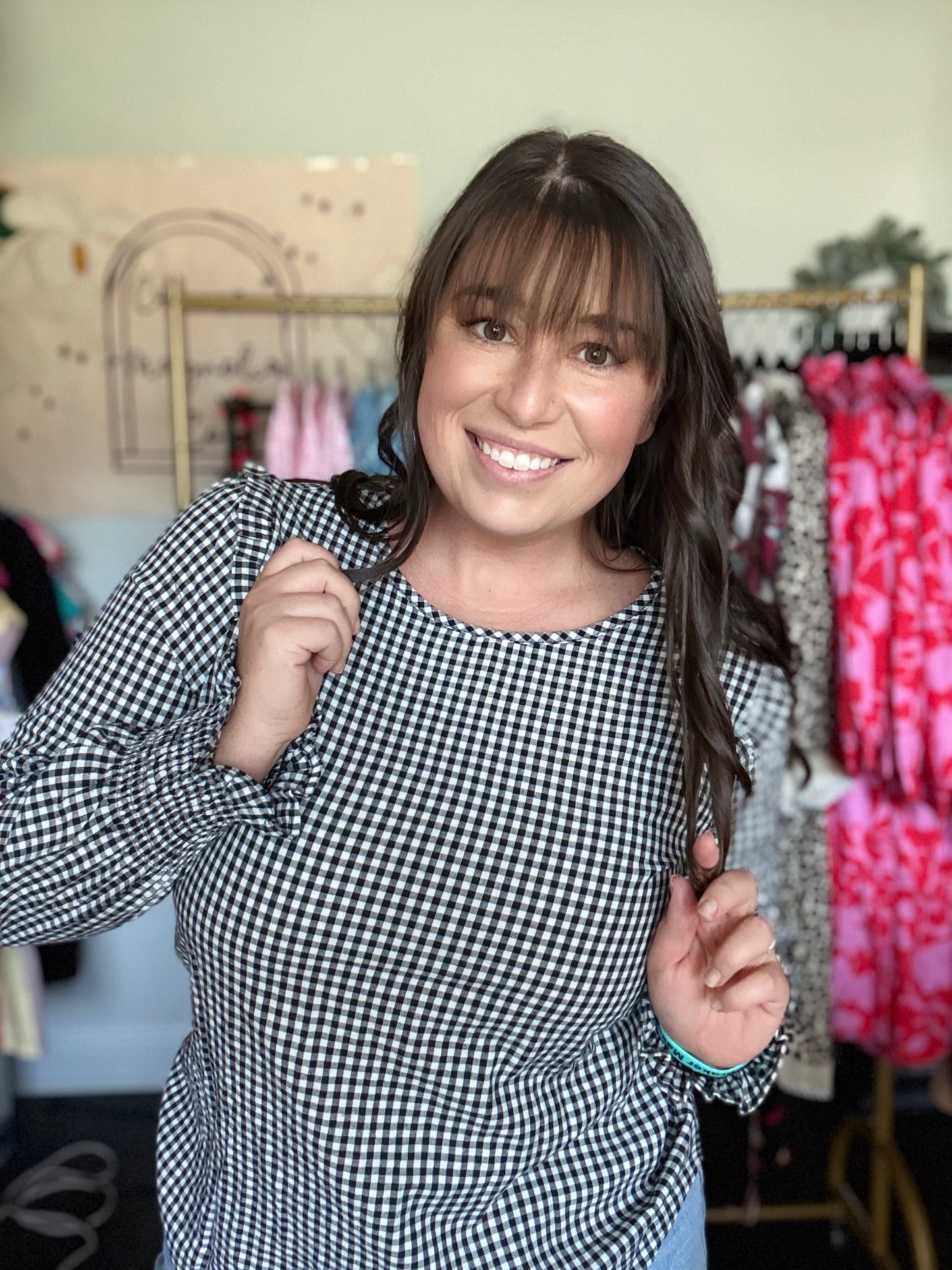 Plaid Smocked Cuff Blouse