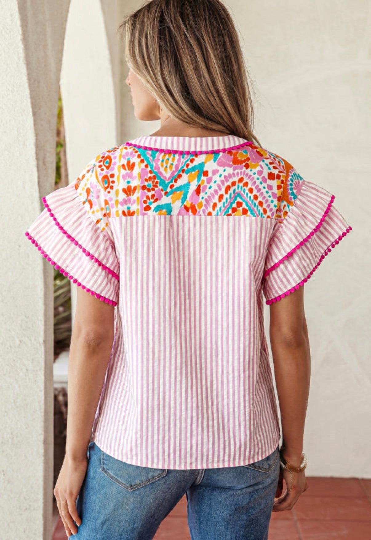 Seersucker Ruffle V Neck Blouse