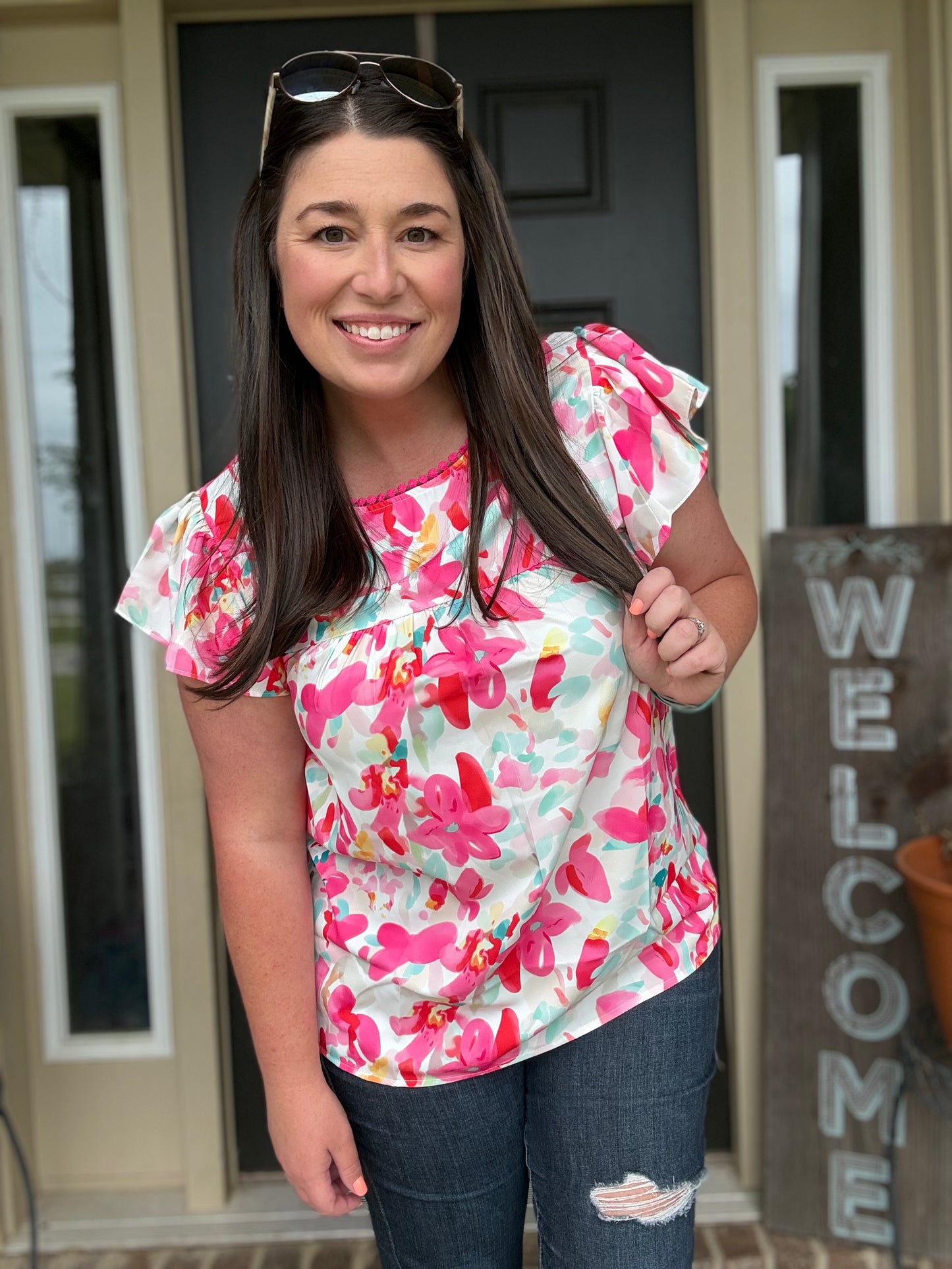 Dianne Rose Floral Print Flutter Sleeve Round Neck Casual Blouse