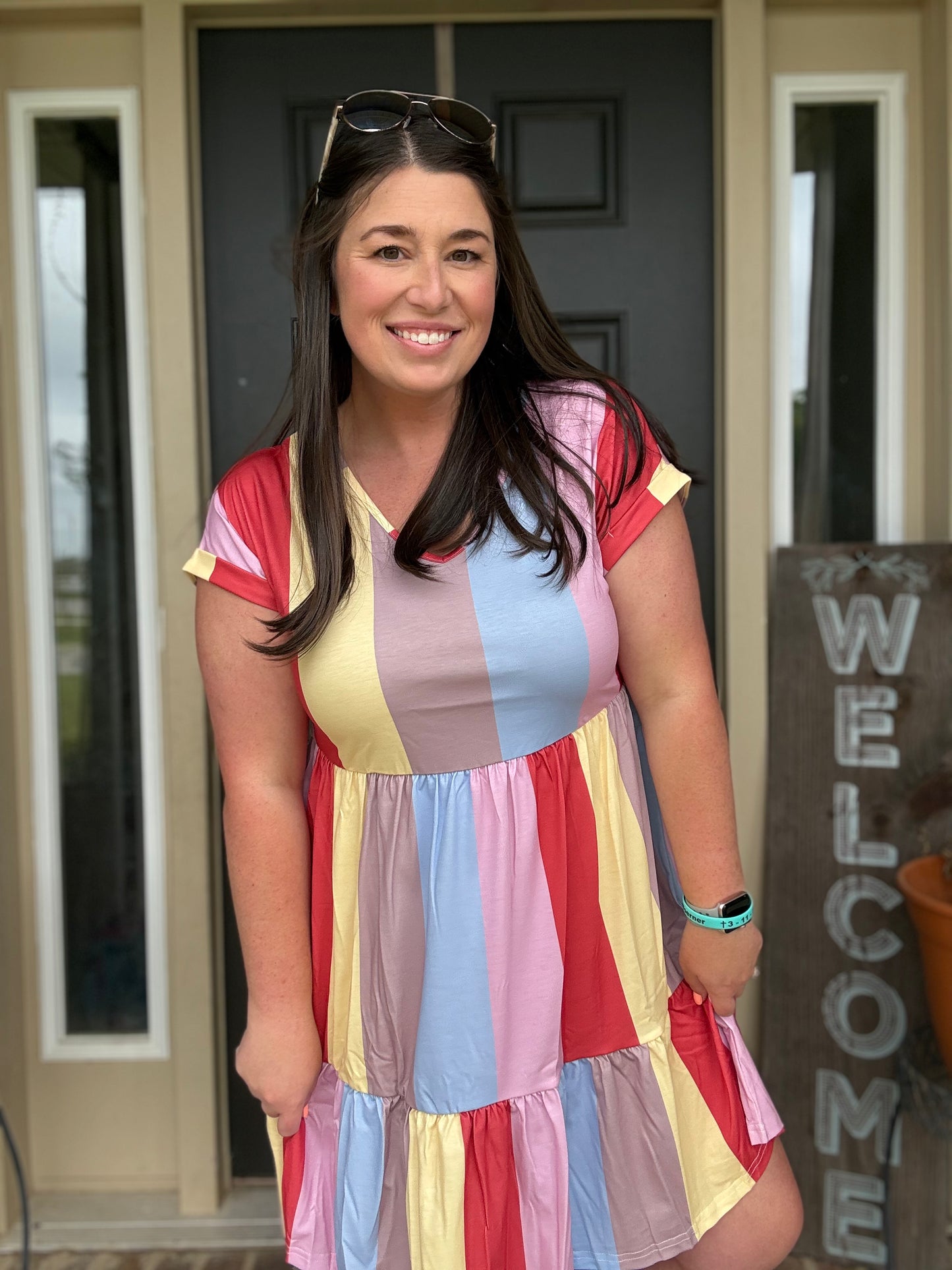 Jean Multicolor Striped Color Block Tiered Mini Dress