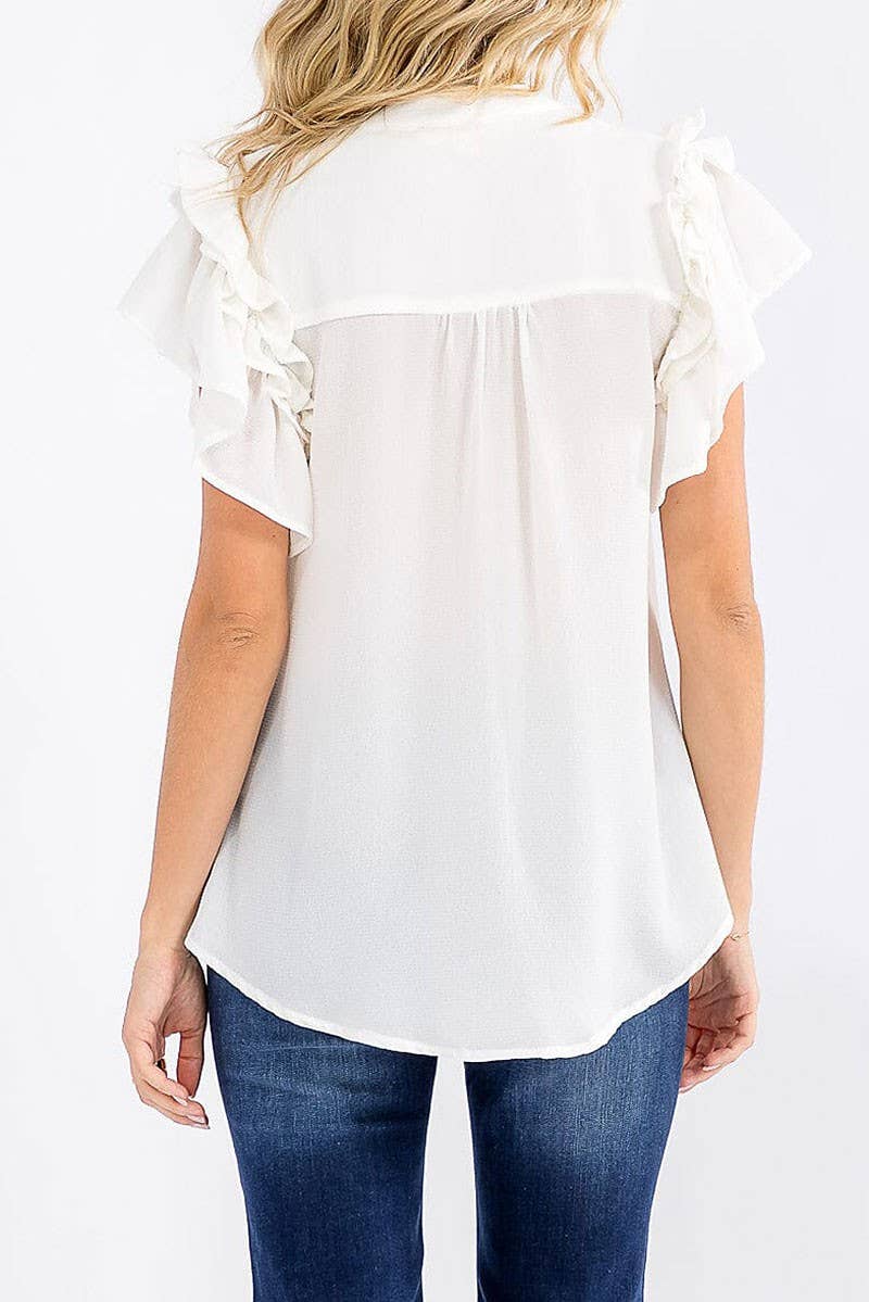 SHORT RUFFLE SLEEVE V-NECK LOOSE FIT BLOUSE