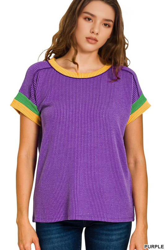 ,...Mardi Gras Tri-color Contrast Trim Top SI-28853