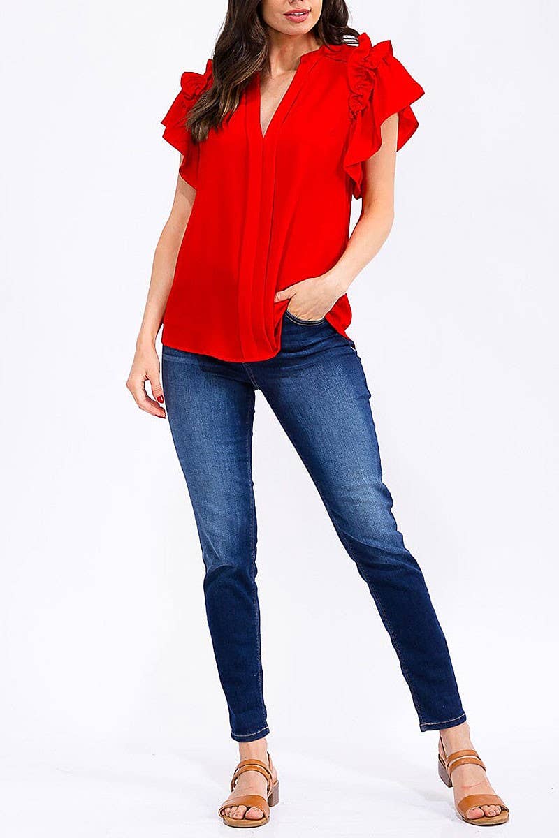 SHORT RUFFLE SLEEVE V-NECK LOOSE FIT BLOUSE