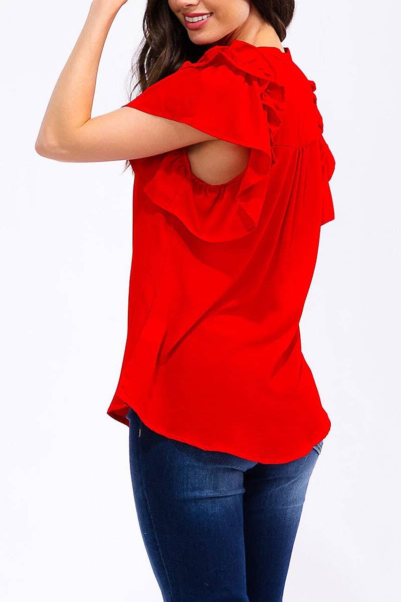 SHORT RUFFLE SLEEVE V-NECK LOOSE FIT BLOUSE