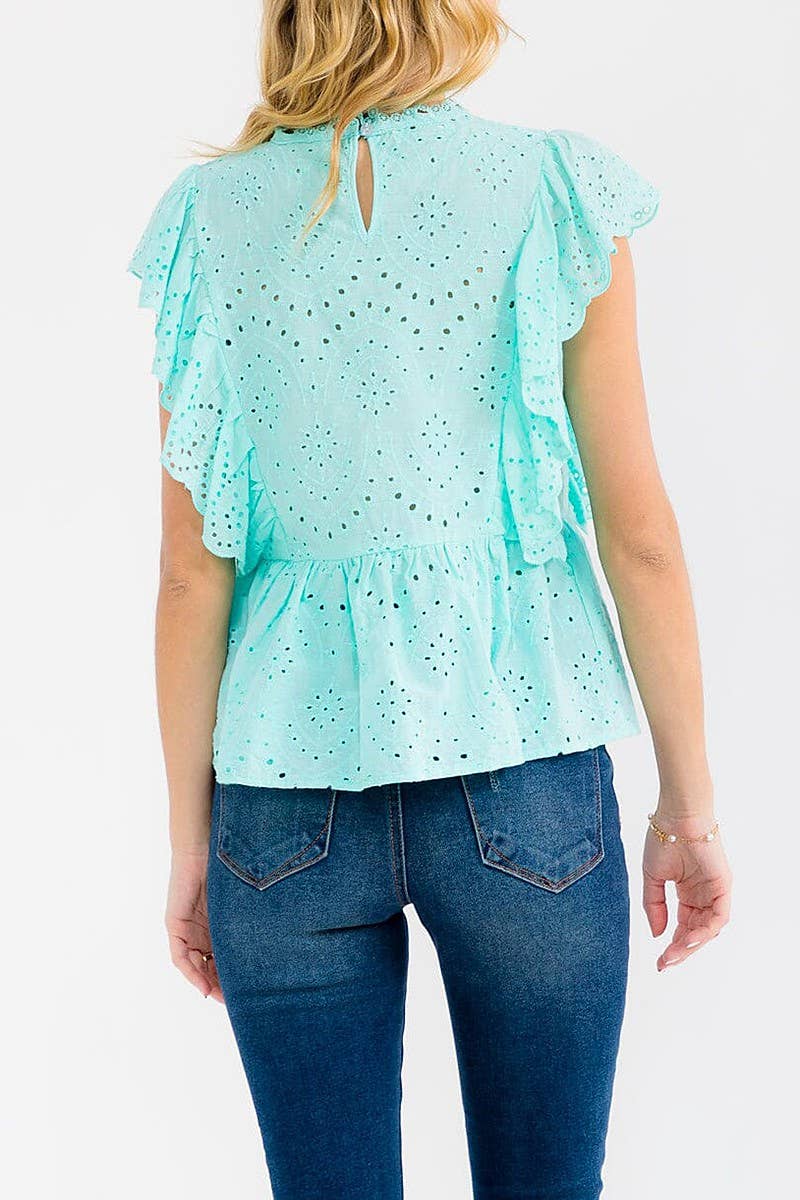 SOLID EYELET RUFFLE SLEEVE TIERED BLOUSE TOP