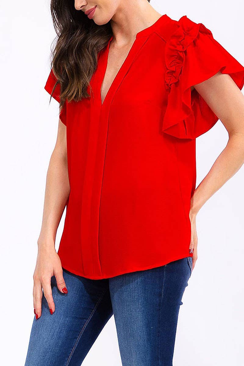 SHORT RUFFLE SLEEVE V-NECK LOOSE FIT BLOUSE