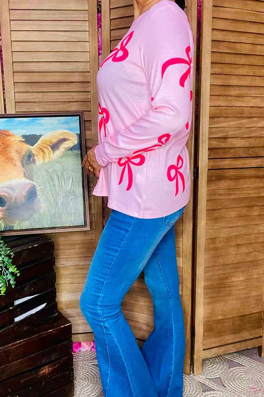 Bows printed & pearls pink long sleeve women shirts XCH16785