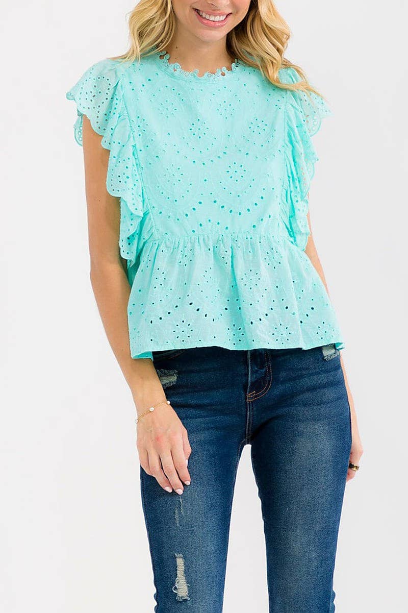 SOLID EYELET RUFFLE SLEEVE TIERED BLOUSE TOP