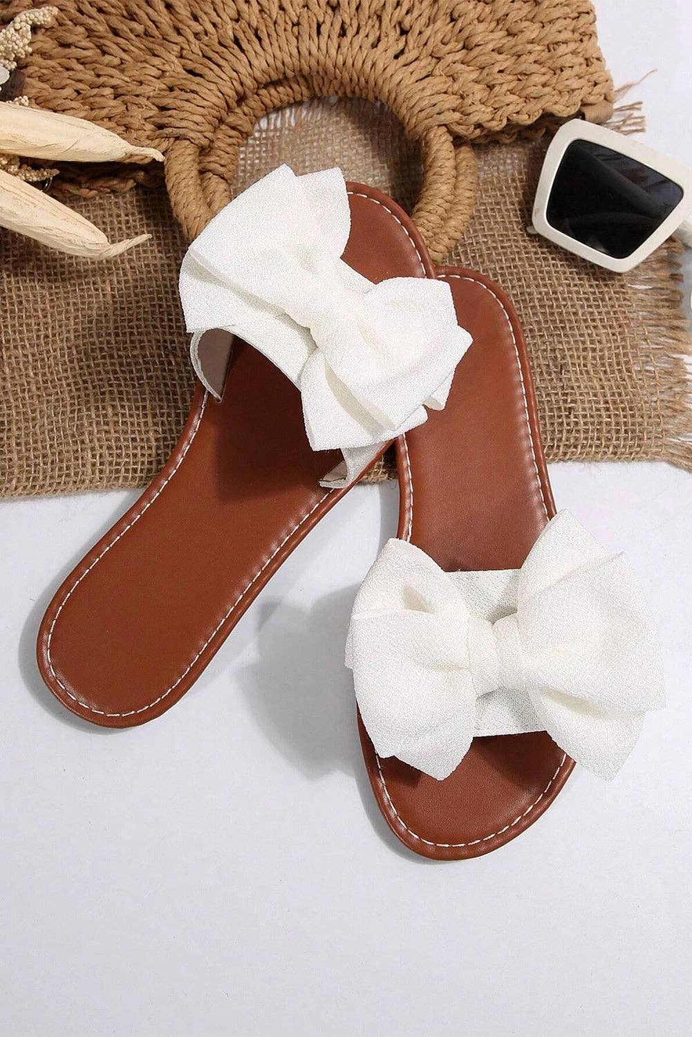 White Bow Knot Leather Insole Flat Sandals