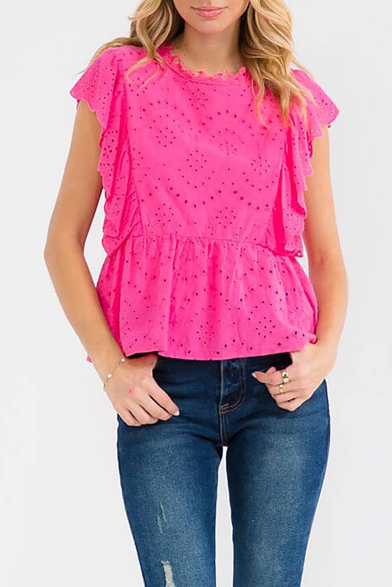 SOLID EYELET RUFFLE SLEEVE TIERED BLOUSE TOP