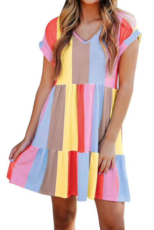 Jean Multicolor Striped Color Block Tiered Mini Dress