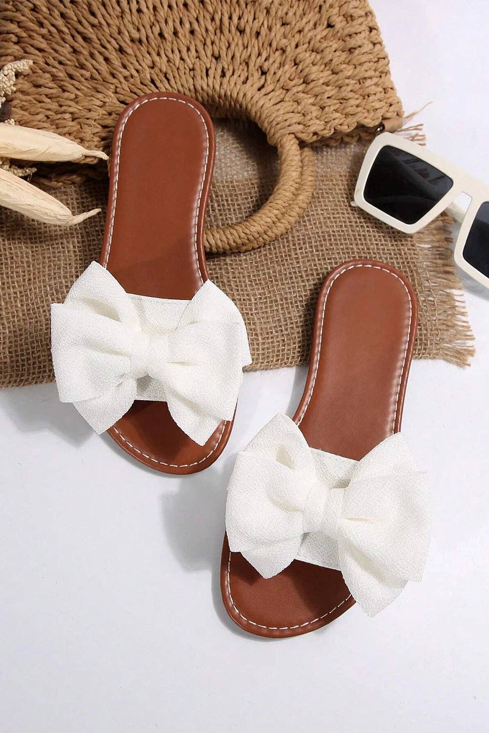White Bow Knot Leather Insole Flat Sandals