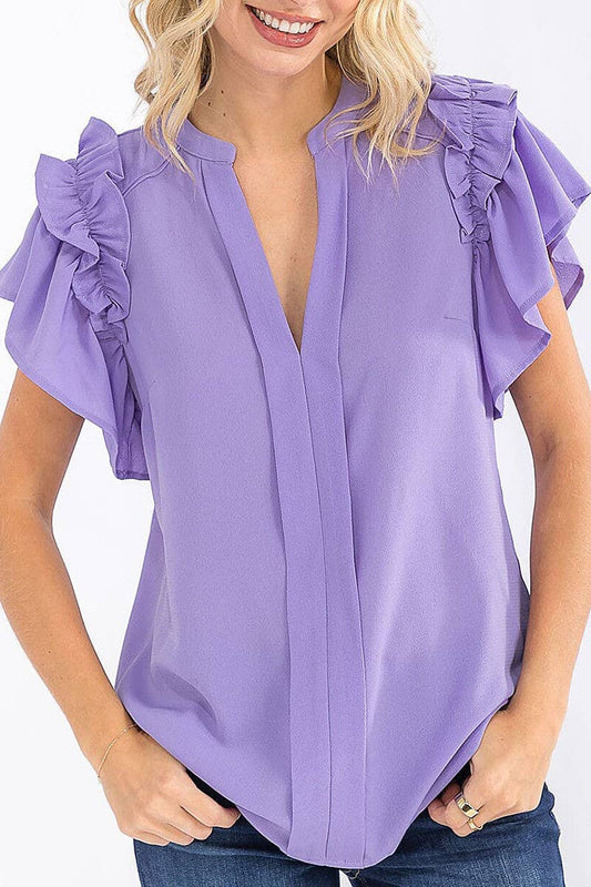 SHORT RUFFLE SLEEVE V-NECK LOOSE FIT BLOUSE