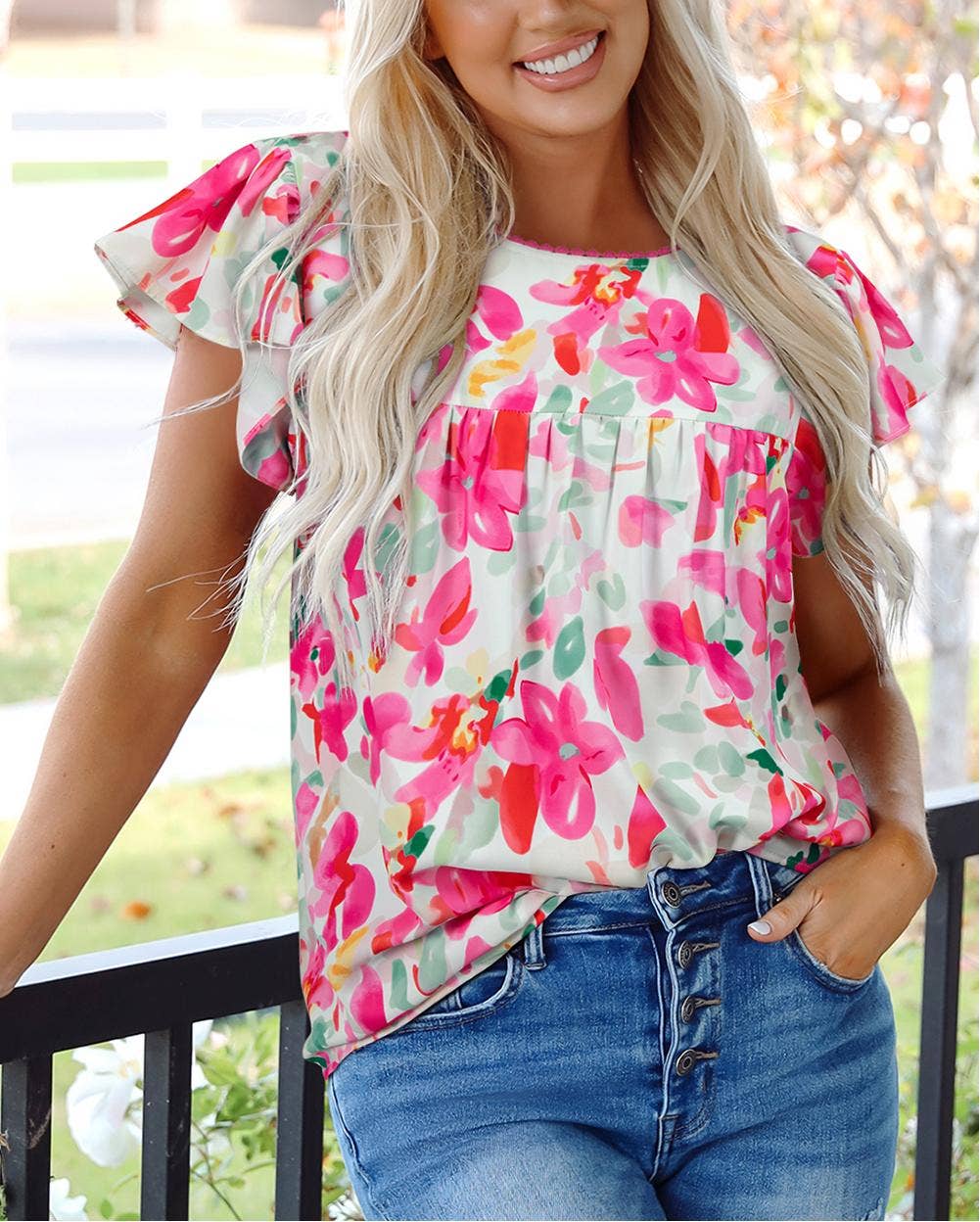 Dianne Rose Floral Print Flutter Sleeve Round Neck Casual Blouse