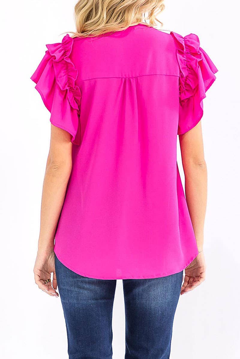 SHORT RUFFLE SLEEVE V-NECK LOOSE FIT BLOUSE