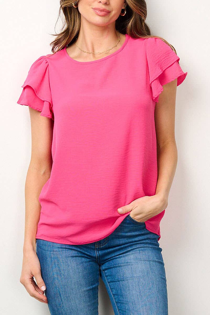 SHORT RUFFLE SLEEVE SOLID BLOUSE TOP