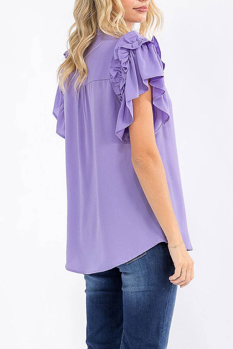 SHORT RUFFLE SLEEVE V-NECK LOOSE FIT BLOUSE