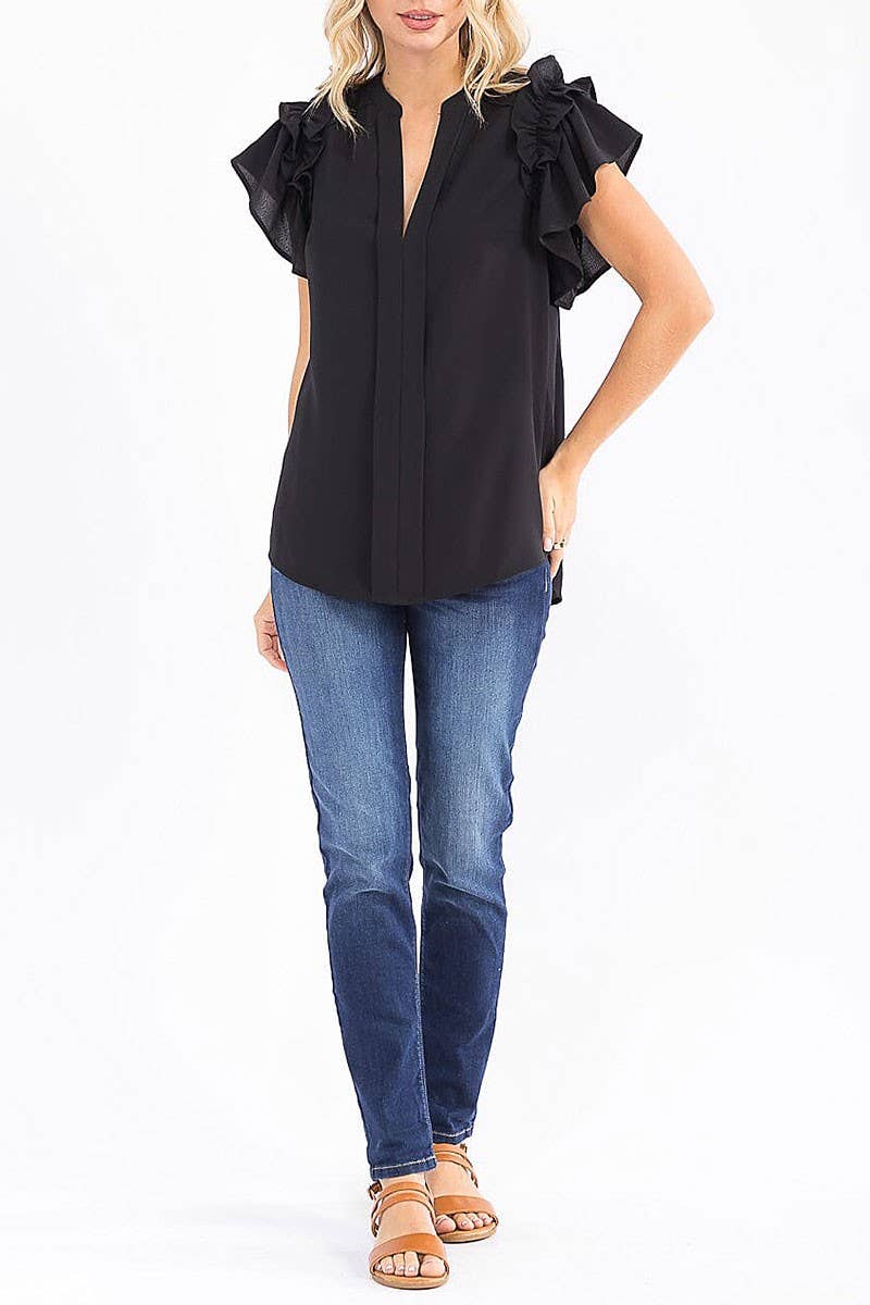 SHORT RUFFLE SLEEVE V-NECK LOOSE FIT BLOUSE